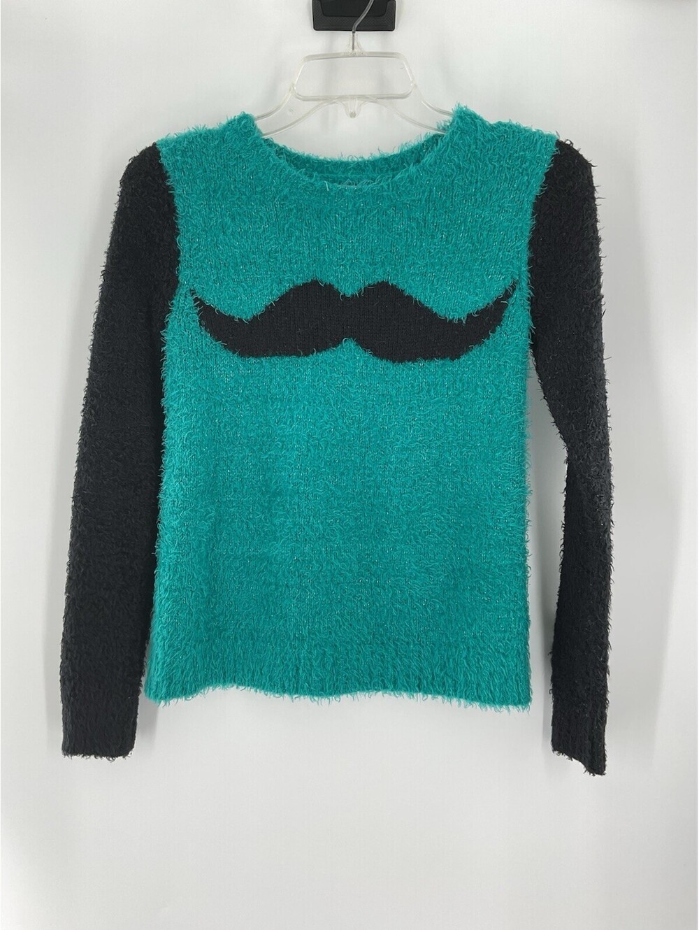 SO Girls Size 12 Mustache Sweater Teal And Black 116